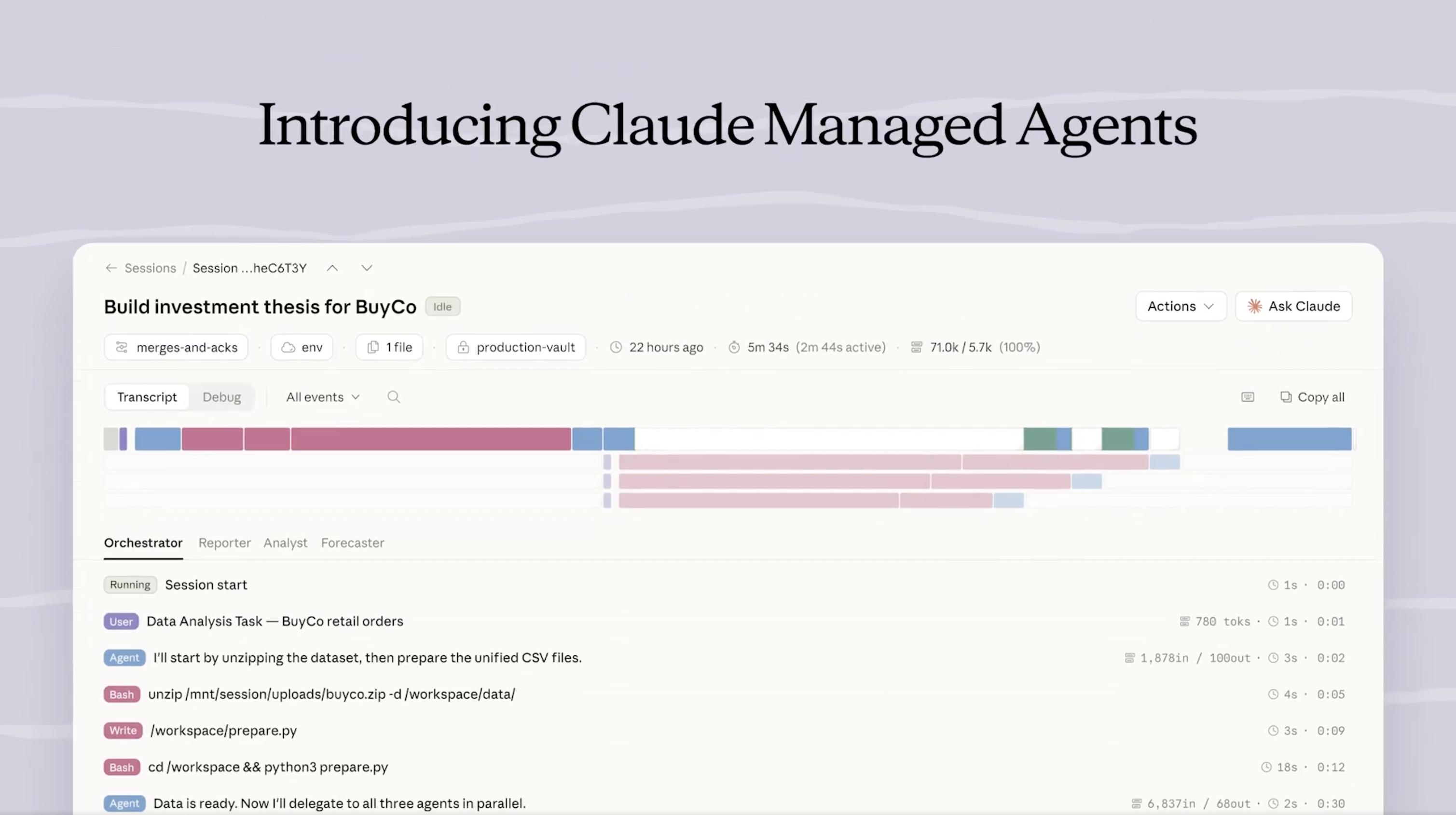 Anthropic Introducing Claude Managed Agents - session dashboard showing agent orchestrator, transcripts, and tool calls