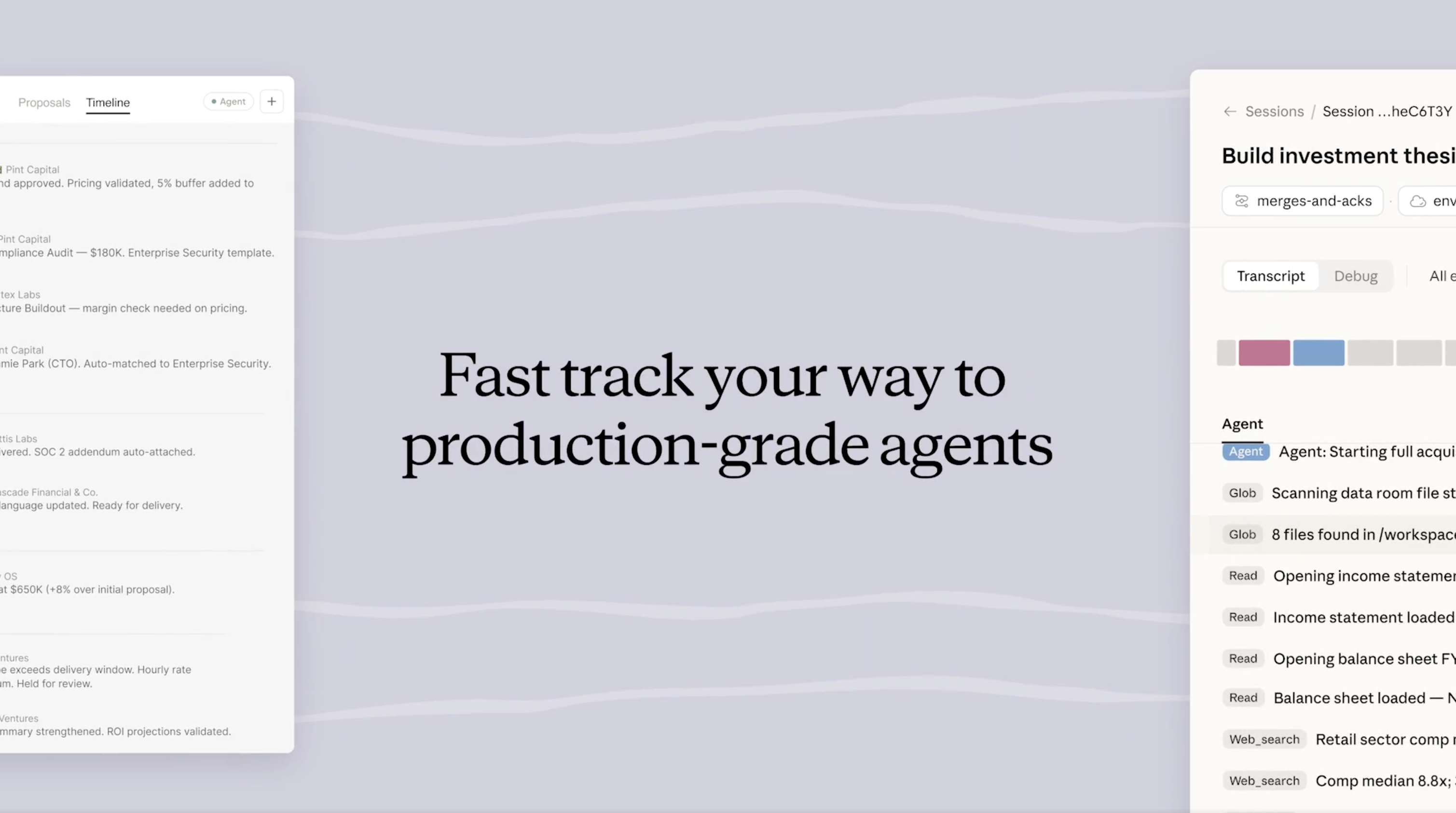 Claude Managed Agents timeline view showing agent task delegation across Orchestrator, Reporter, Analyst, and Forecaster sub-agents